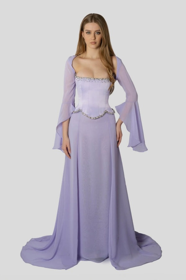 Chiffon Long Sleeves Long Mermaid Prom Dress With Beading Pleated WQ0386