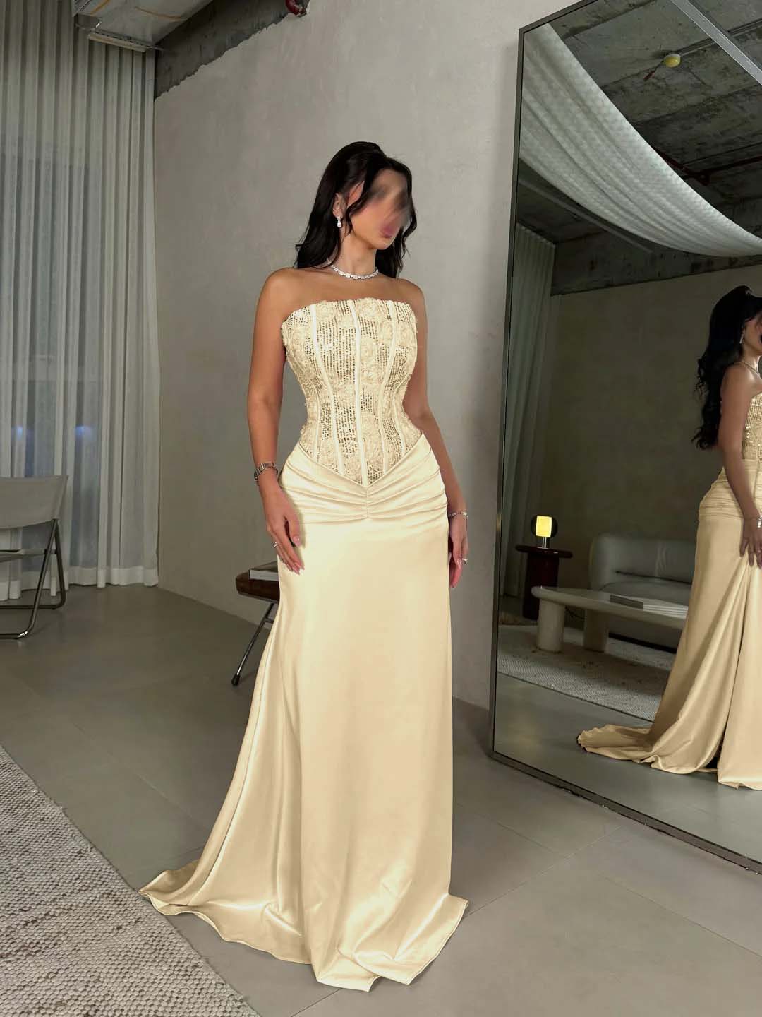 Satin Strapless Sleeveless Long Pleated Mermaid Prom Dress With Flowers And Sequins YK0636