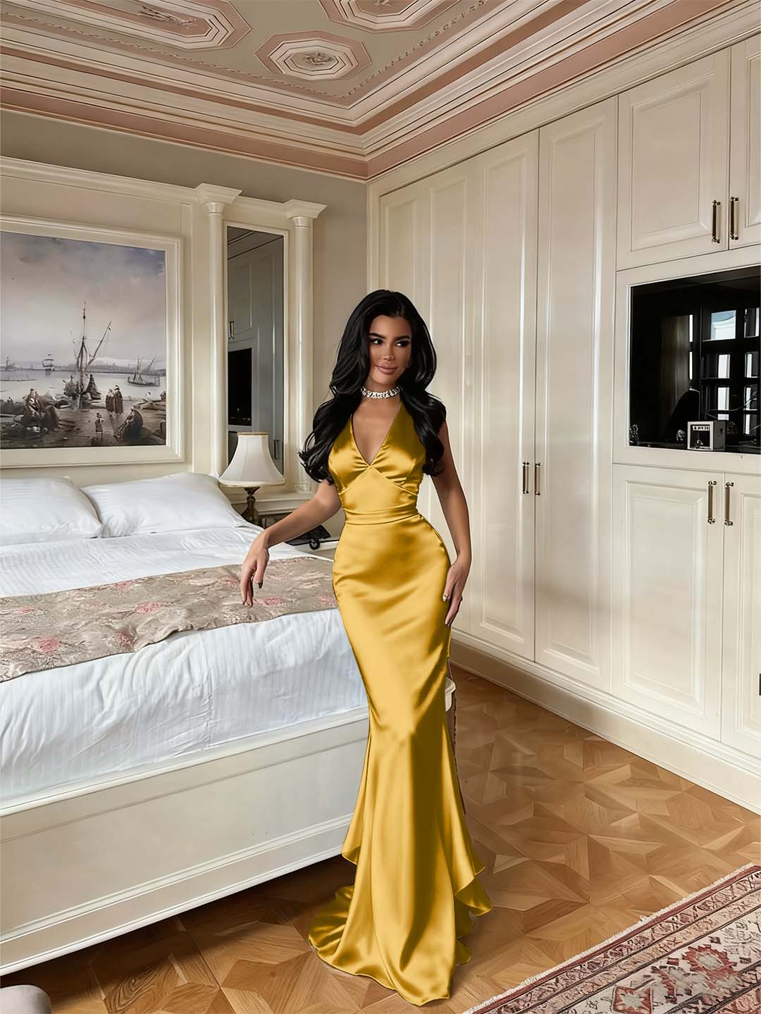 Charming V Neck Sleeveless Long Mermaid Prom Dress With Pleated YK0594