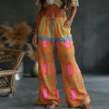 Women's Retro Colorful Patchwork Art Print Flowy Linen Blend Casual Pants
