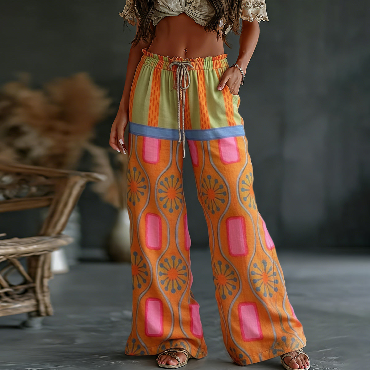 Women's Retro Colorful Patchwork Art Print Flowy Linen Blend Casual Pants
