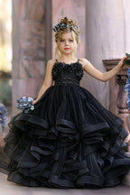 Cocoslly Spaghetti Straps  Sleeveless Flower Girl Dress With Appliques And Rhinstone | Dusty Blue Tulle FL0020