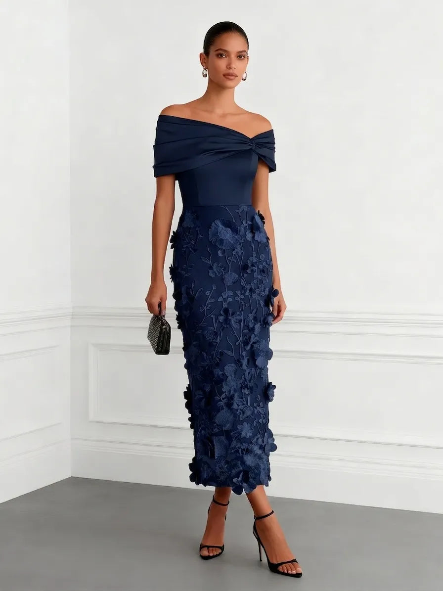 Navy Blue 3D Floral Applique Classic Off The Shoulder Short Sleeve Sheath Midi Dress