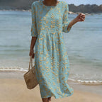 Vintage Floral Art Pattern Linen Blend Loose Three-quarter Sleeve Dress