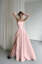 Cocoslly Strapless Sleeveless High Waist Long Prom Dress With Split And Gloves | Black Satin ZT0723