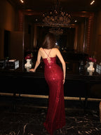 Cocoslly Strapless Sleeveless High Waist Long Prom Dress With Split And Pleated | Burgundy Sequins CO0195