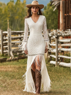 Retro White Lace V-neck Long Sleeve Tassel Short Front And Long Back Skirt Maxi Dress