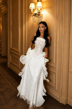 Cocoslly Strapless Sleeveless High Waist Long Prom Dress With Appliques And Ruffles | Nude Champage Chiffon LR0492
