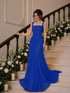 Cocoslly Wide Straps Square Neck Sleeveless High Waist Long Prom Dress With Pleated | Daffodil Chiffon YK1259