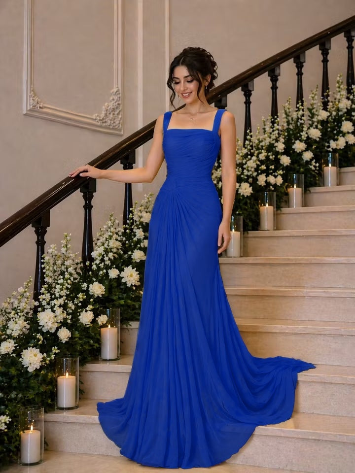 Cocoslly Wide Straps Square Neck Sleeveless High Waist Long Prom Dress With Pleated | Daffodil Chiffon YK1259