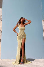 Sequins One Shoulder Sleeveless Long Prom Dress With Split Pleated WQ0183