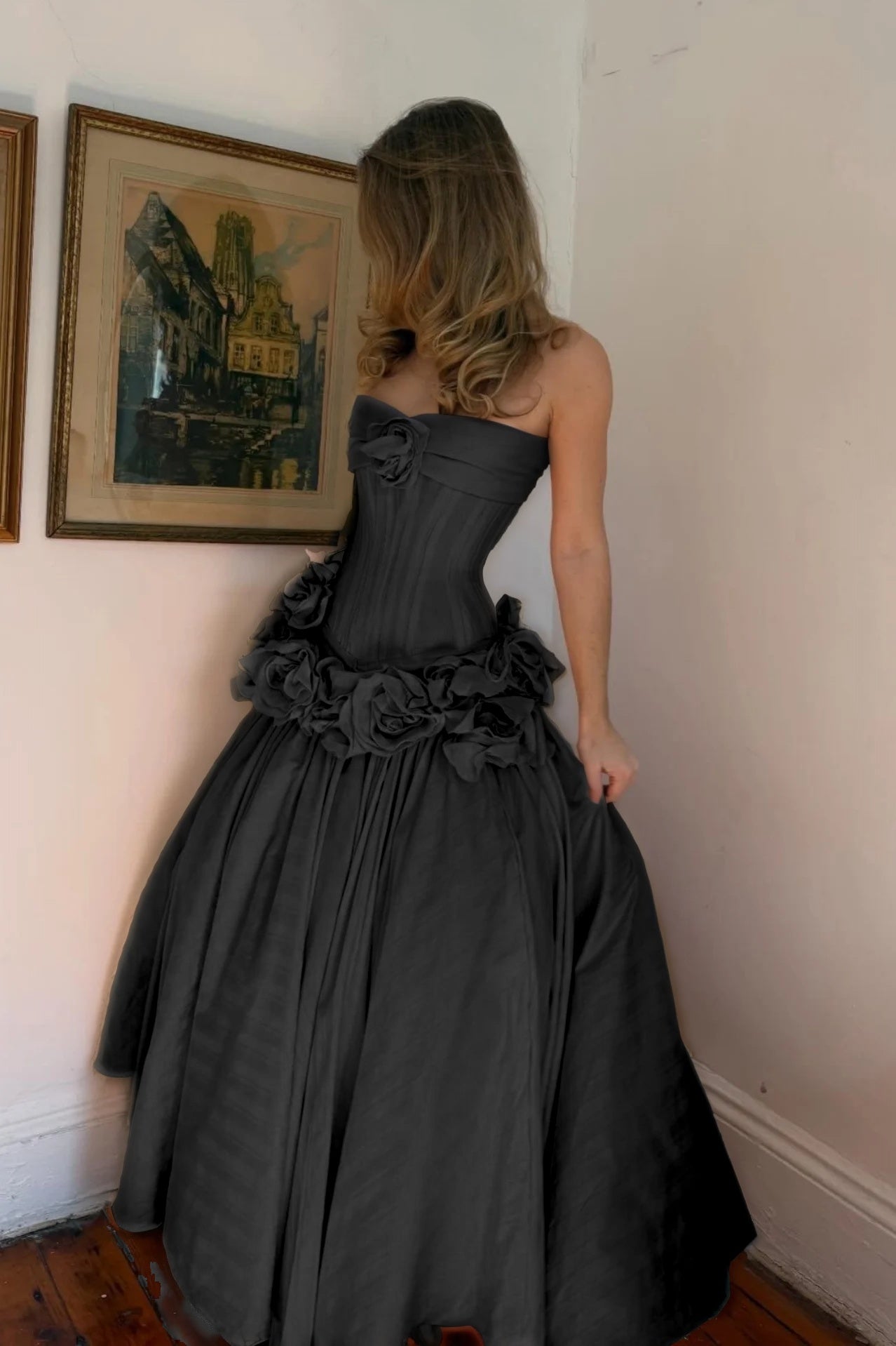 Cocoslly Strapless Sleeveless High Waist Long A Line Prom Dress With Flowers | Nude Pink Satin YC0415