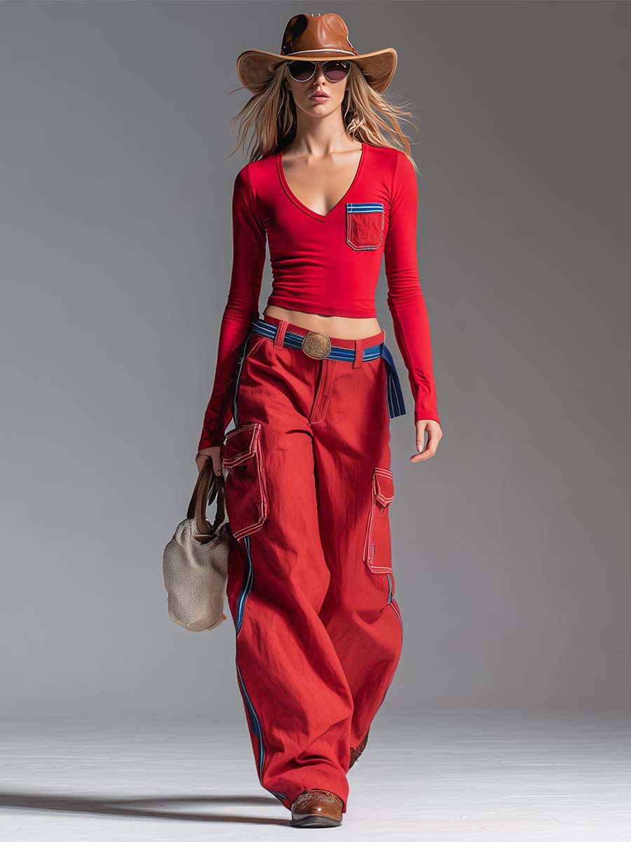 Y2K Retro Red V-Neck Long-Sleeve Crop Tee And Contrast-Stitch Cargo Wide-Leg Pants Set