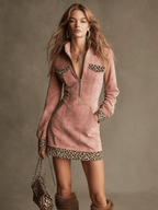 Western Retro Long-Sleeved Leopard Print Pink Faux Suede Mini Dress