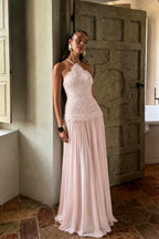 Cocoslly Halter Sleeveless High Waist Long Prom Dress With Appliques | White Chiffon YC0560