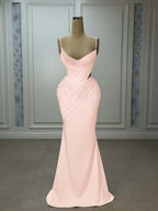 Satin V-Neck Spaghetti Straps Strapless Sleeveless Long Mermaid Prom Dress With Pleated And Beadings YK0743