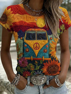 Women's Retro Colorful Hippie Pattern Crew Neck Short Sleeve T-shirt