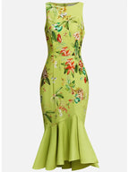 Green Floral Boat Neck Sleeveless Mermaid Midi Dress
