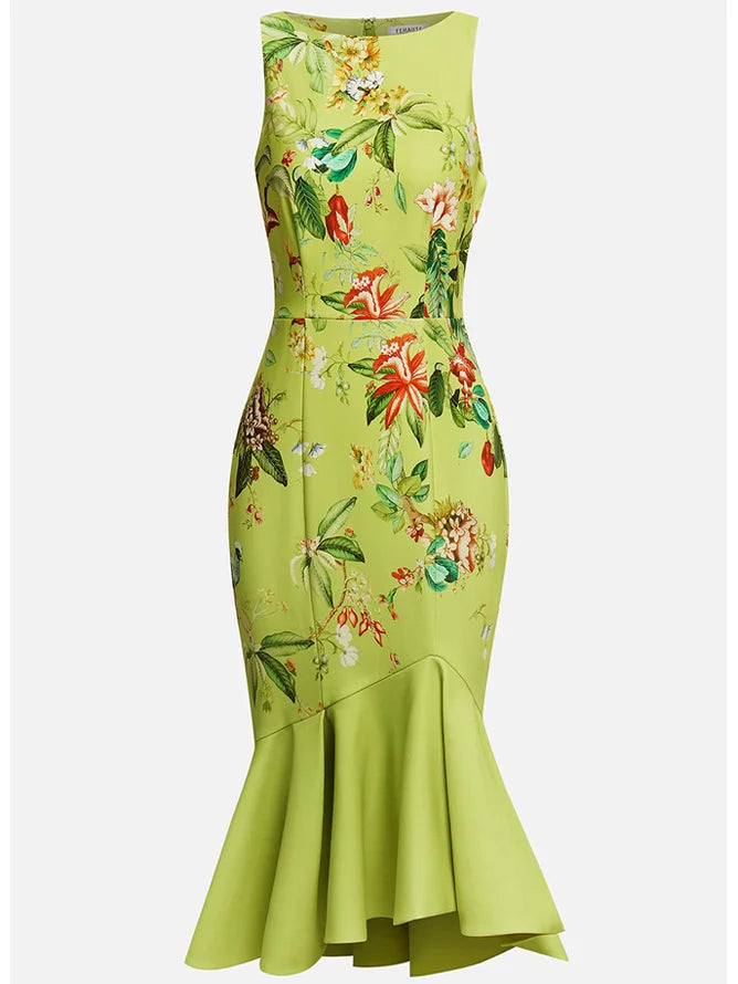 Green Floral Boat Neck Sleeveless Mermaid Midi Dress