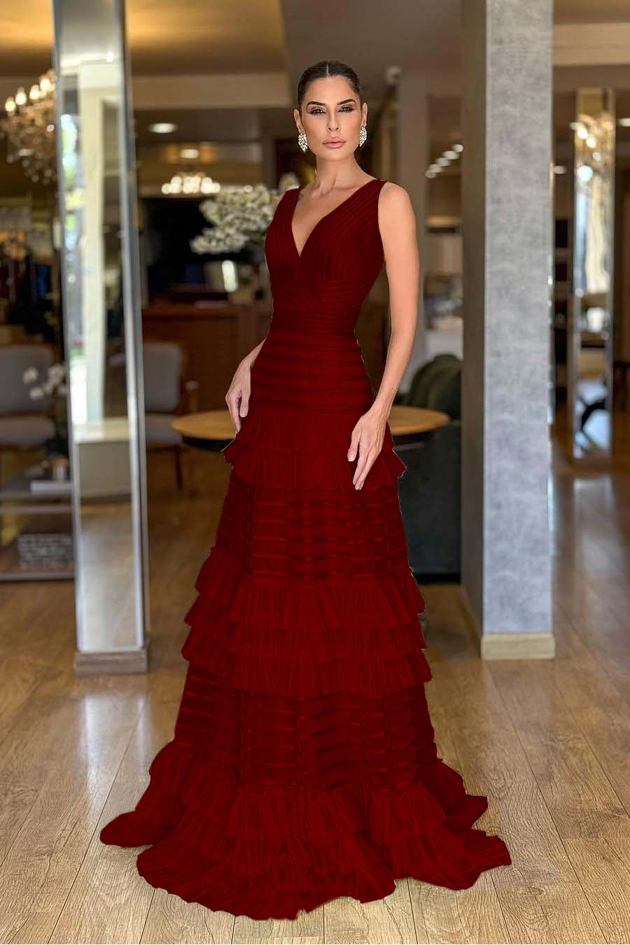 Tulle V-Neck Wide Shoulder Straps Sleeveless Long A-Line Prom Dress With Ruffles And Pleated WQ0149
