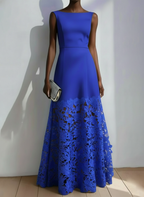 Light Blue Lace Classic Boat Neck Sleeveless A-Line Maxi Dress