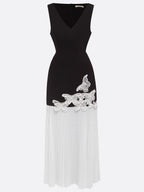 Black Pleated Applique Butterfly Classic Deep V Neck Sleeveless Mermaid Maxi Dress