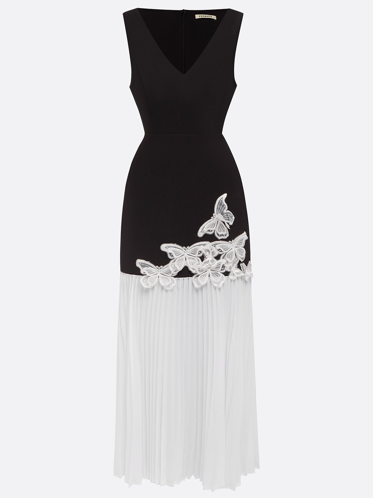 Black Pleated Applique Butterfly Classic Deep V Neck Sleeveless Mermaid Maxi Dress