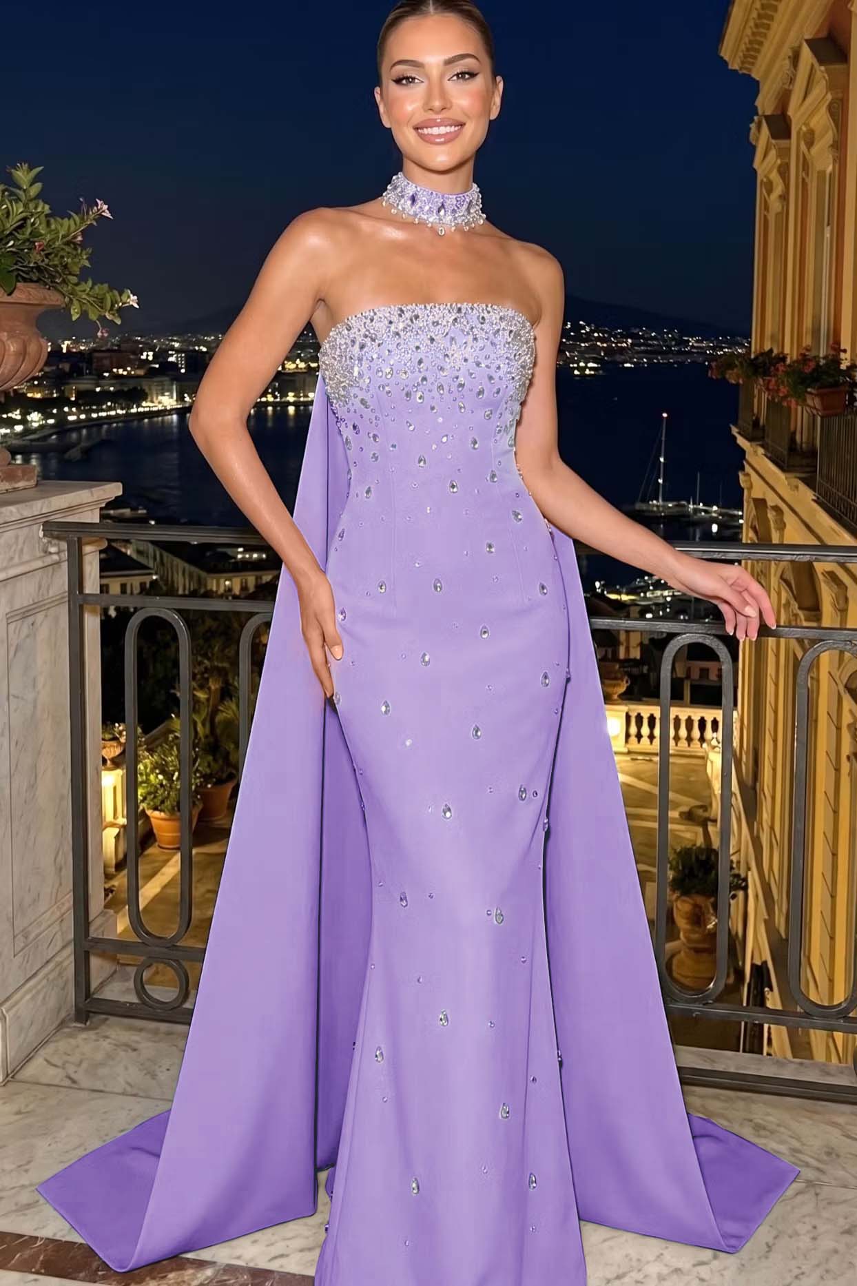 Cocoslly Strapless Sleeveless High Waist Long Mermaid Prom Dress With Rhinstone | Blue Satin YC0546