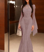 Cocoslly Long Sleeves High Waist Long Mermaid Prom Dress With Ruffles | White Lace JZ0164