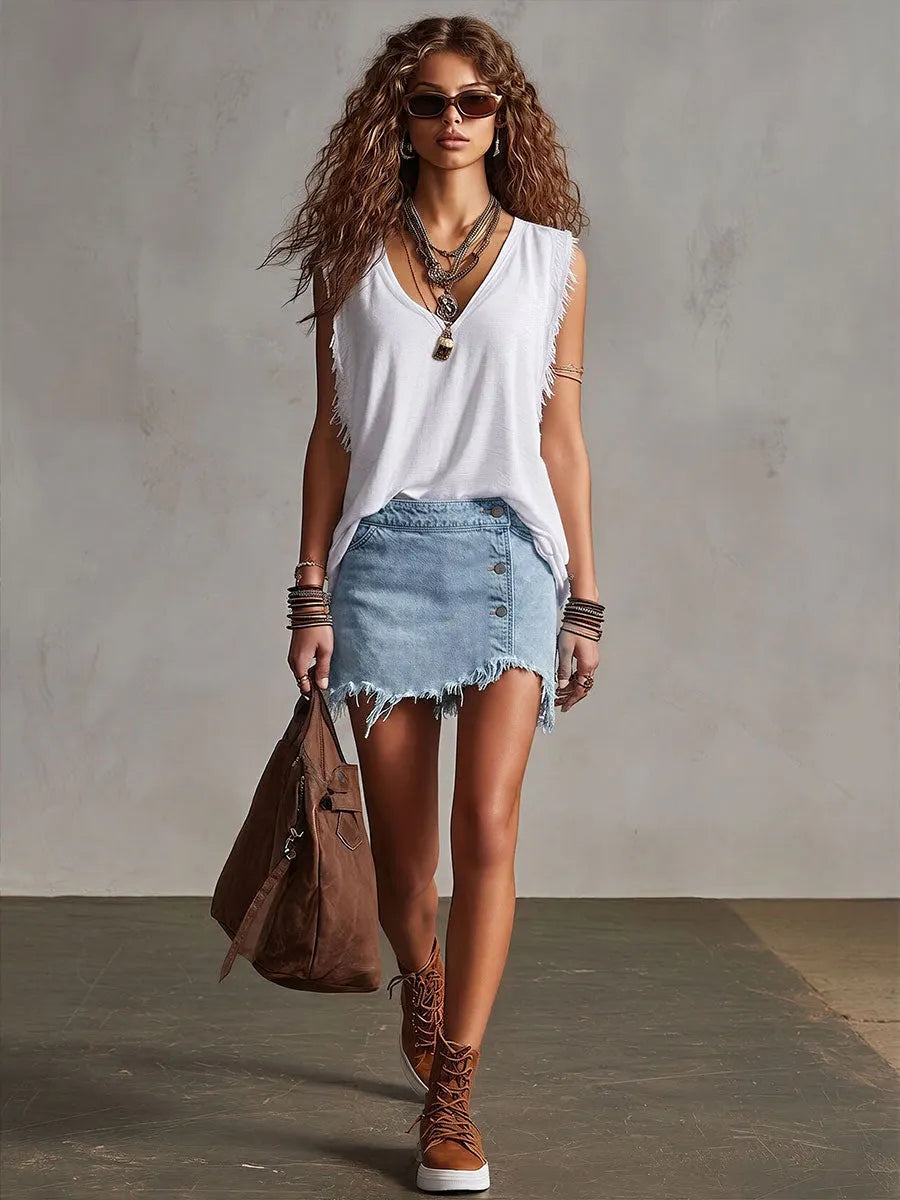 Western Retro Frayed Camel Denim Mini Skirt And Shorts