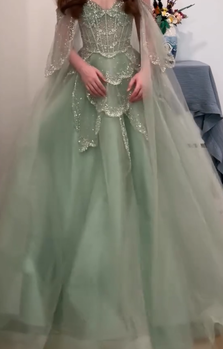 Cocoslly Off-The-Shoulder Sleeveless High Waist Long Prom Dress With Sequins | Dusty Sage Tulle CO0215