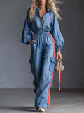 Retro Sporty Blue Cotton-Linen Collared Button-Front Cargo Wide-Leg Jumpsuit