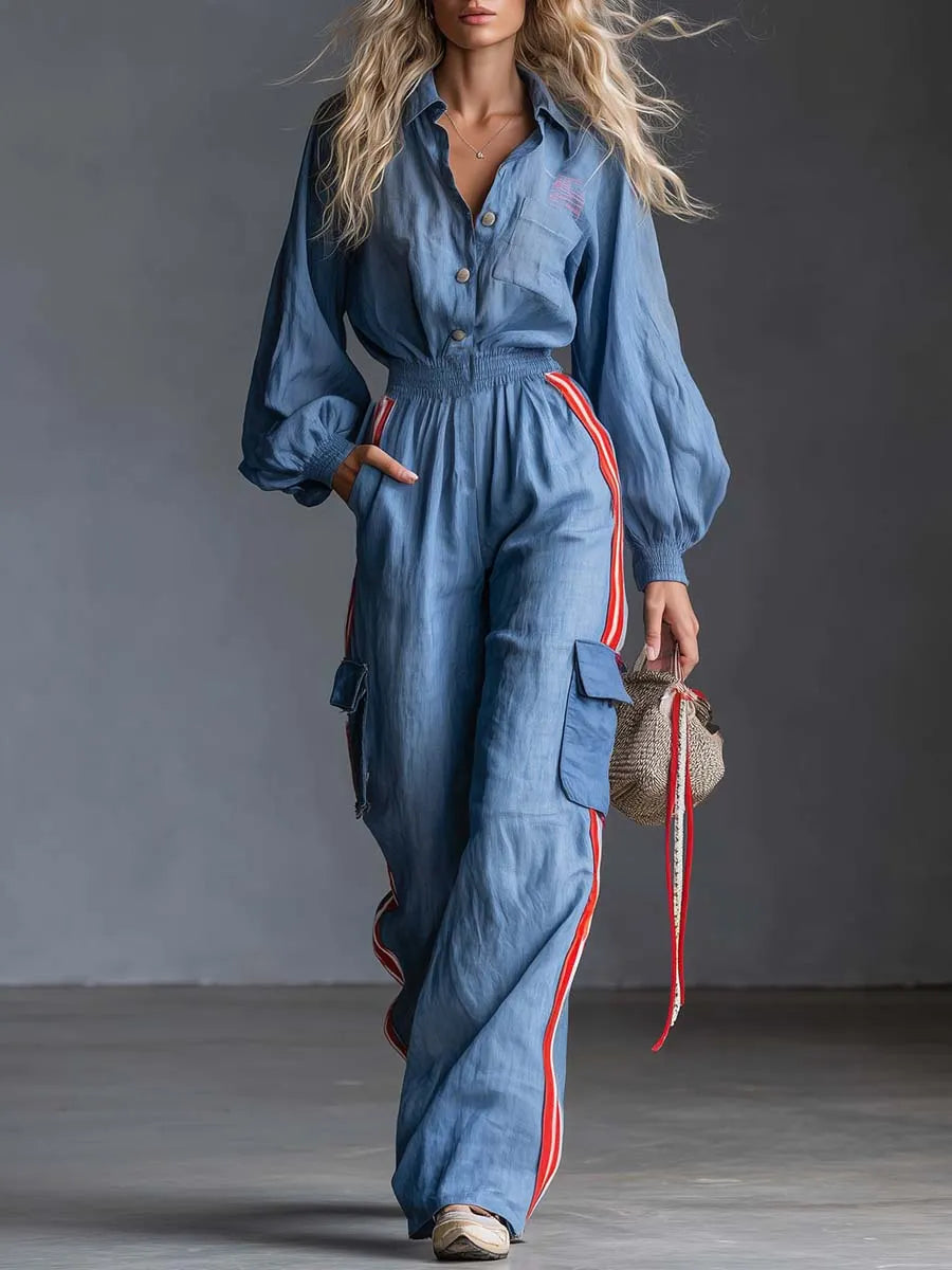 Retro Sporty Blue Cotton-Linen Collared Button-Front Cargo Wide-Leg Jumpsuit