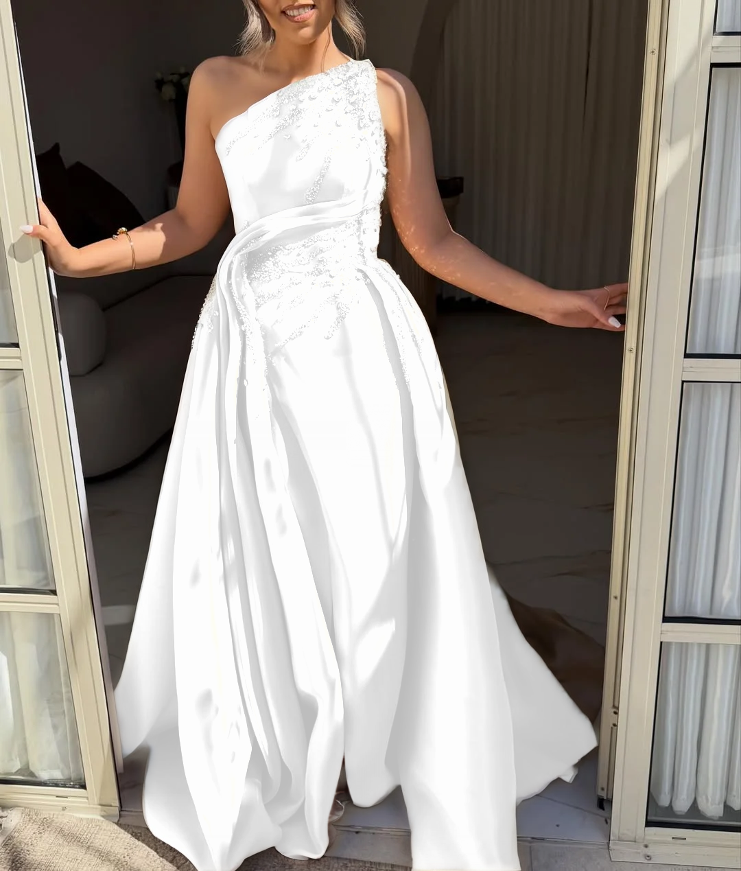 Asymmetric Strapless Sleeveless Long A-Line Prom Dress With Pleated And Beadings YK0692