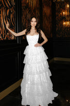 Cocoslly Strapless Sleeveless High Waist Long Prom Dress With Ruffles And Sequins | Sky Blue Tulle YC0474