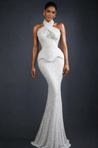 Cocoslly Halter Sleeveless High Waist Long Mermaid Prom Dress | Glod Champage Beading Pearls LR0565