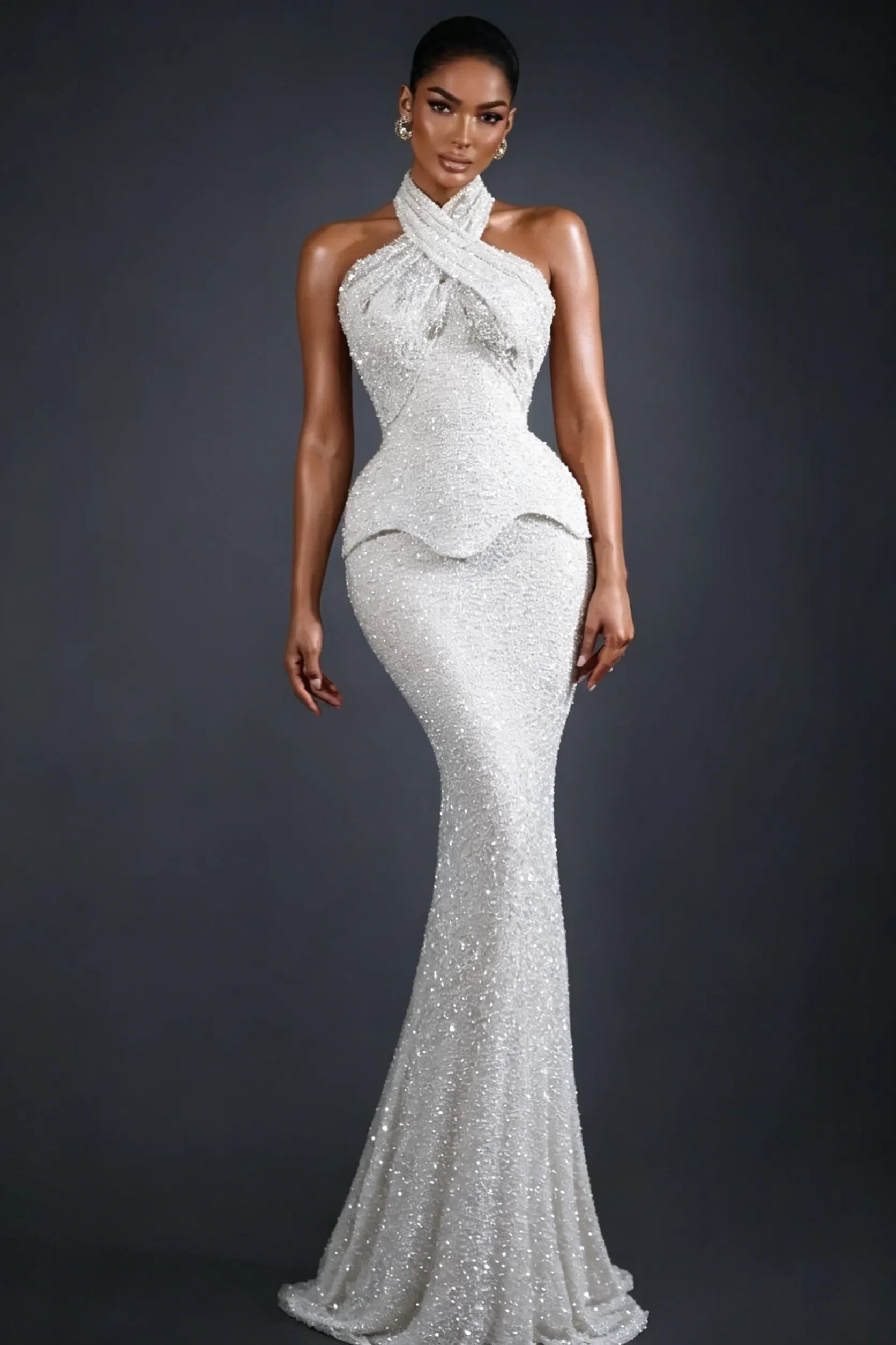 Cocoslly Halter Sleeveless High Waist Long Mermaid Prom Dress | Glod Champage Beading Pearls LR0565