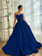 Satin V-Neck Strapless Sleeveless Long A-Line Prom Dress With Split And Pleated YK0614