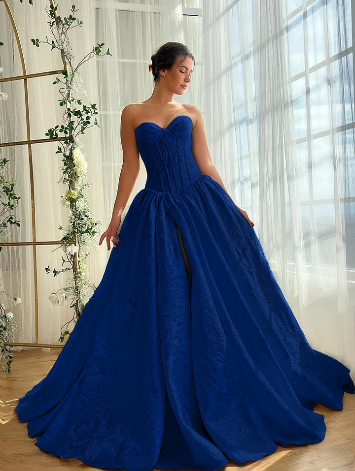 Satin V-Neck Strapless Sleeveless Long A-Line Prom Dress With Split And Pleated YK0614