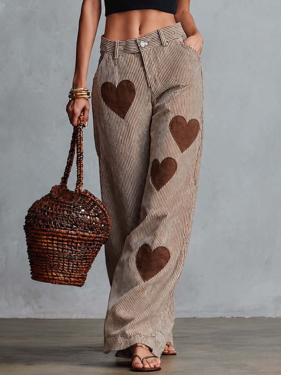 Retro Casual Comfortable Heart Pattern Brown Striped Pants