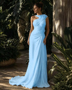Cocoslly One Shoulder Sleeveless High Waist Long Prom Dress With Rhinstone | Green Chiffon LX0087