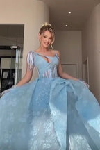 Cocoslly Spaghetti Straps Sleeveless High Waist Long Prom Dress With Split And Gloves | Baby Blue Lace CO0154