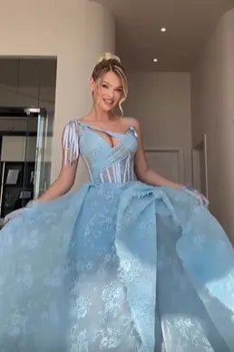 Cocoslly Spaghetti Straps Sleeveless High Waist Long Prom Dress With Split And Gloves | Baby Blue Lace CO0154