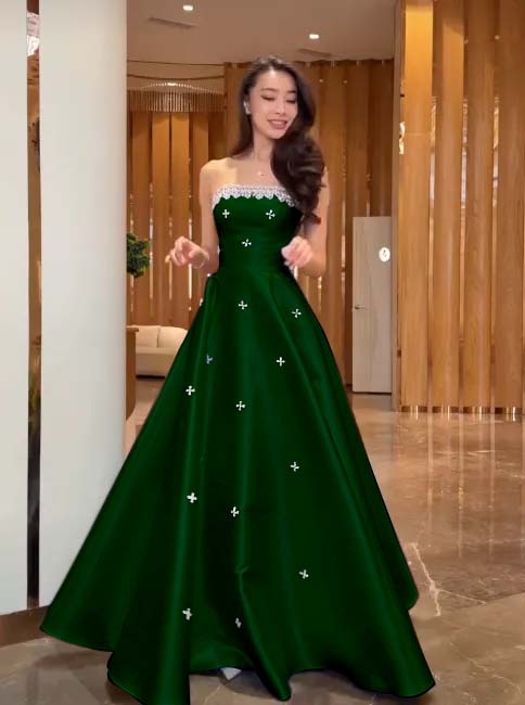 Cocoslly Strapless Sleeveless High Waist Long A Line Prom Dress With Rhinstone | Navy Blue Satin JZ0146