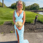 Cocoslly Straps V-Neck Sleeveless High Waist Long Prom Dress With Split | Champage Glod Sequins ZT0893
