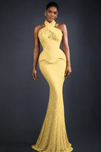 Cocoslly Halter Sleeveless High Waist Long Mermaid Prom Dress | Glod Champage Beading Pearls LR0565