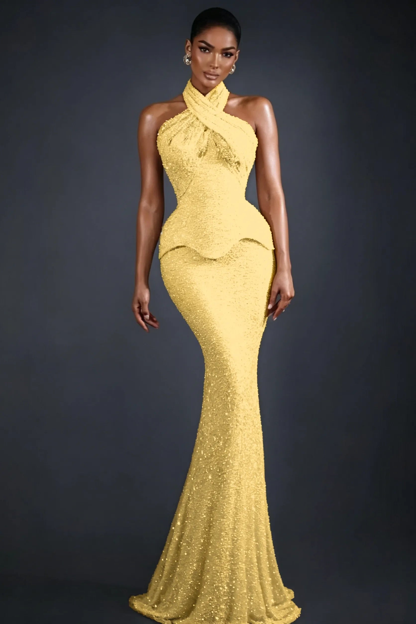 Cocoslly Halter Sleeveless High Waist Long Mermaid Prom Dress | Glod Champage Beading Pearls LR0565