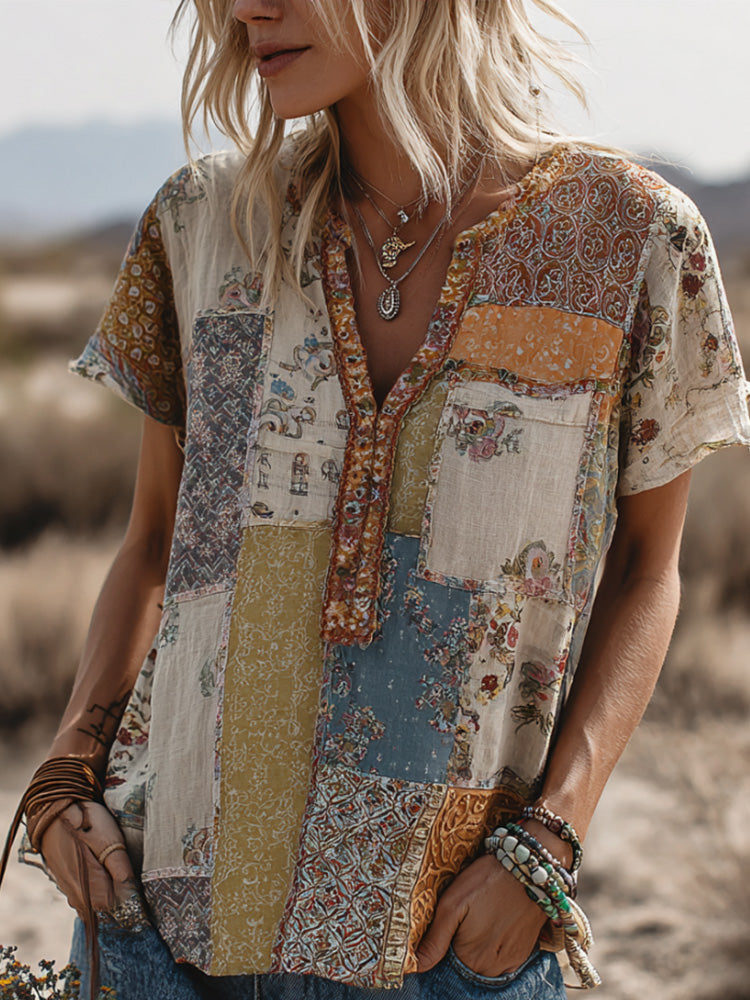 Women's Vintage Paisley Floral Patchwork V-neck Short Sleeve T-shirt