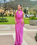 Cocoslly Deep V-Neck Sleeveless High Waist Long Prom Dress | Fuchsia Satin CO0102