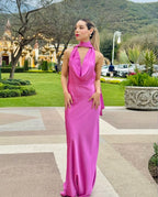 Cocoslly Deep V-Neck Sleeveless High Waist Long Prom Dress | Fuchsia Satin CO0102